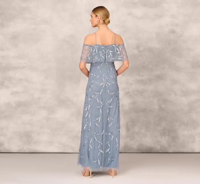 Adrianna Papell Hand Beaded Cold Shoulder Popover Long ALine Gown In Vintage Blue Vintage Blue Women Long Dresses Adrianna Papell Hand Beaded Cold Shoulder Popover Long ALine Gown In Vintage Blue Vintage Blue Women Long Dresses