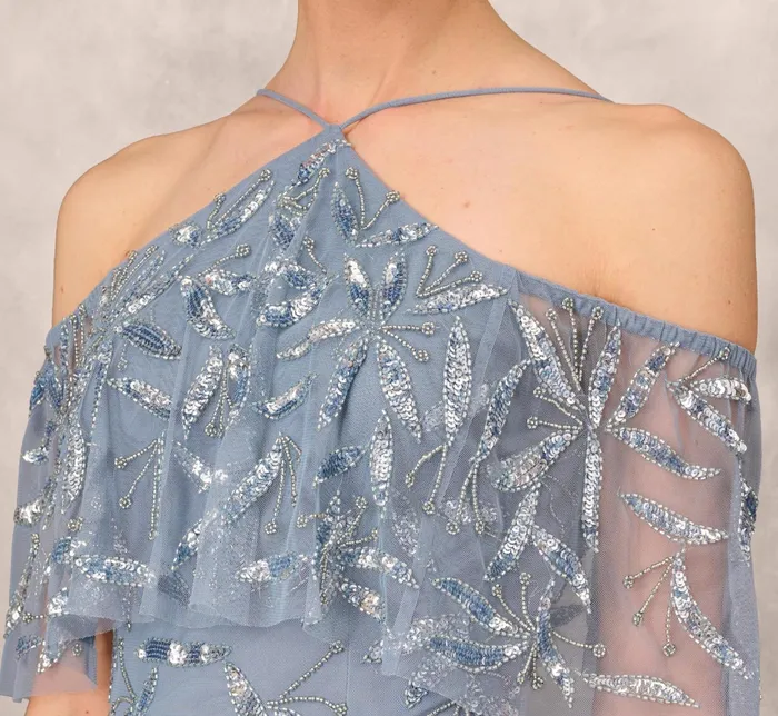 Adrianna Papell Hand Beaded Cold Shoulder Popover Long ALine Gown In Vintage Blue Vintage Blue Women Long Dresses Adrianna Papell Hand Beaded Cold Shoulder Popover Long ALine Gown In Vintage Blue Vintage Blue Women Long Dresses