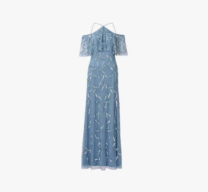 Adrianna Papell Hand Beaded Cold Shoulder Popover Long ALine Gown In Vintage Blue Vintage Blue Women Long Dresses Adrianna Papell Hand Beaded Cold Shoulder Popover Long ALine Gown In Vintage Blue Vintage Blue Women Long Dresses
