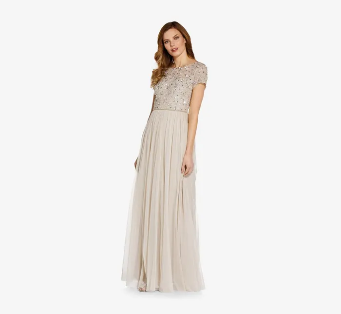 Adrianna Papell HandBeaded Dress With Tulle Skirt In Biscotti Biscotti Women Long Dresses Adrianna Papell HandBeaded Dress With Tulle Skirt In Biscotti Biscotti Women Long Dresses