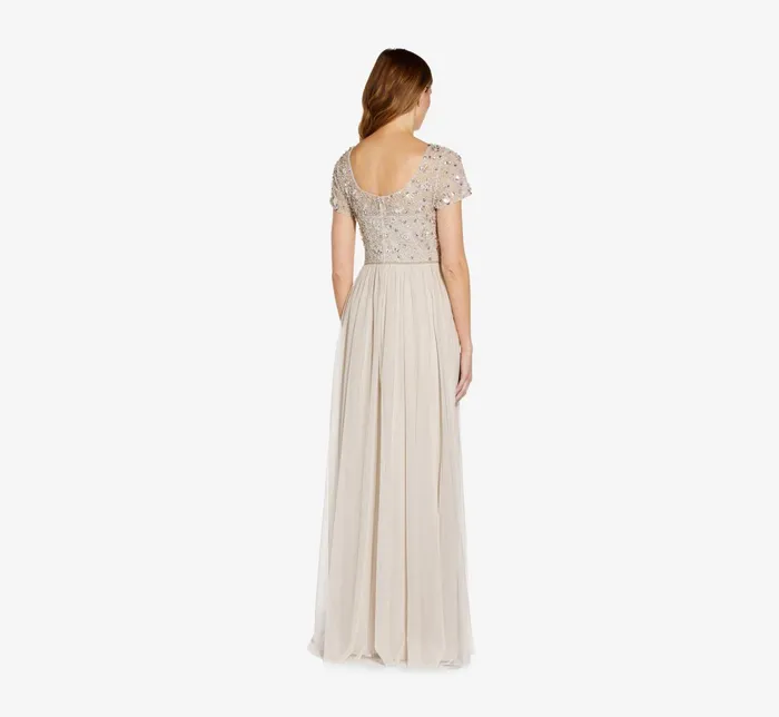 Adrianna Papell HandBeaded Dress With Tulle Skirt In Biscotti Biscotti Women Long Dresses Adrianna Papell HandBeaded Dress With Tulle Skirt In Biscotti Biscotti Women Long Dresses