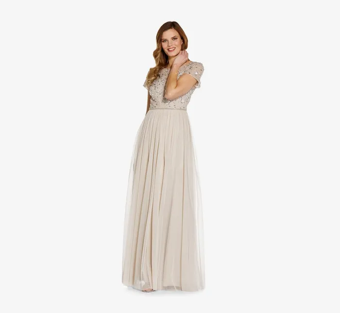 Adrianna Papell HandBeaded Dress With Tulle Skirt In Biscotti Biscotti Women Long Dresses Adrianna Papell HandBeaded Dress With Tulle Skirt In Biscotti Biscotti Women Long Dresses