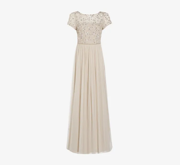 Adrianna Papell HandBeaded Dress With Tulle Skirt In Biscotti Biscotti Women Long Dresses Adrianna Papell HandBeaded Dress With Tulle Skirt In Biscotti Biscotti Women Long Dresses