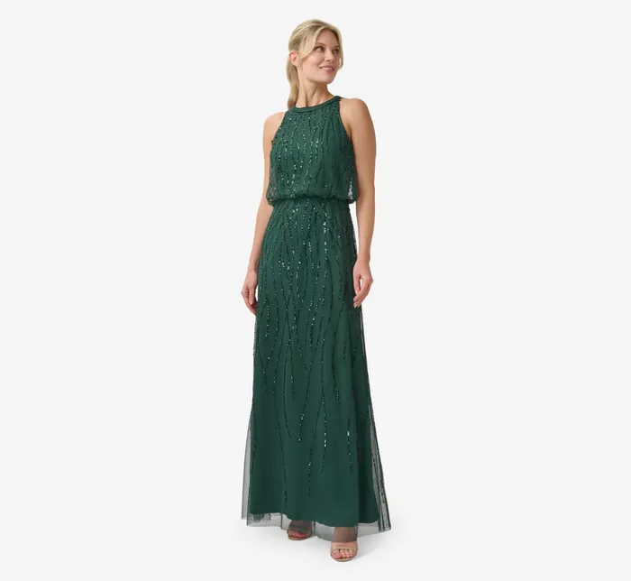 Adrianna Papell HandBeaded Halter Blouson Long Gown In Dusty Emerald Dusty Emerald Women Long Dresses