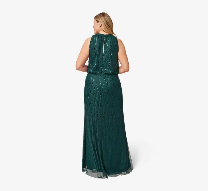 Adrianna Papell HandBeaded Halter Blouson Long Gown In Dusty Emerald Dusty Emerald Women Long Dresses Adrianna Papell HandBeaded Halter Blouson Long Gown In Dusty Emerald Dusty Emerald Women Long Dresses