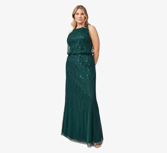 Adrianna Papell HandBeaded Halter Blouson Long Gown In Dusty Emerald Dusty Emerald Women Long Dresses Adrianna Papell HandBeaded Halter Blouson Long Gown In Dusty Emerald Dusty Emerald Women Long Dresses