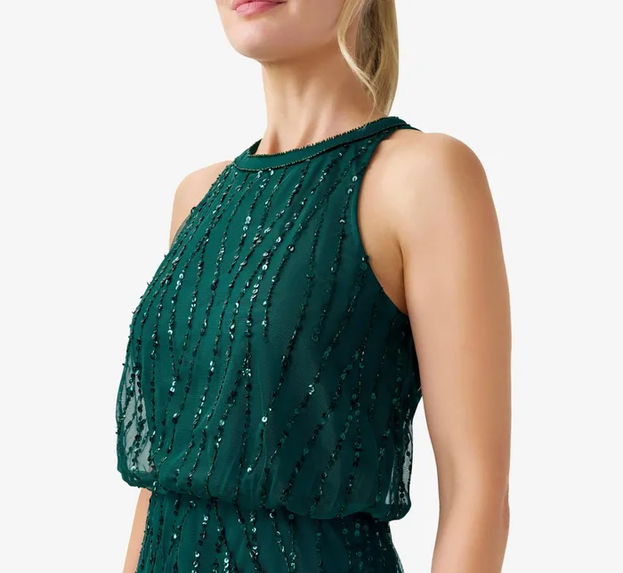 Adrianna Papell HandBeaded Halter Blouson Long Gown In Dusty Emerald Dusty Emerald Women Long Dresses Adrianna Papell HandBeaded Halter Blouson Long Gown In Dusty Emerald Dusty Emerald Women Long Dresses