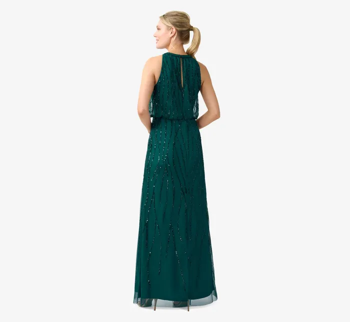 Adrianna Papell HandBeaded Halter Blouson Long Gown In Dusty Emerald Dusty Emerald Women Long Dresses Adrianna Papell HandBeaded Halter Blouson Long Gown In Dusty Emerald Dusty Emerald Women Long Dresses