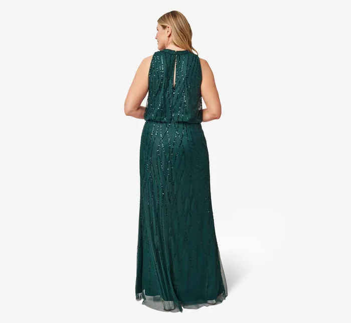 Adrianna Papell HandBeaded Halter Blouson Long Gown In Dusty Emerald Dusty Emerald Women Long Dresses Adrianna Papell HandBeaded Halter Blouson Long Gown In Dusty Emerald Dusty Emerald Women Long Dresses
