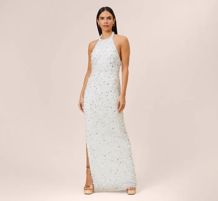 Adrianna Papell HandBeaded Halter Long Column Gown In Ivory Silver IvorySilver Women Simple Wedding Dresses Adrianna Papell HandBeaded Halter Long Column Gown In Ivory Silver IvorySilver Women Simple Wedding Dresses