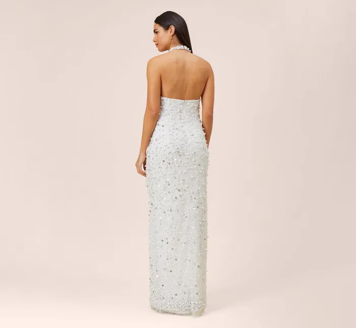 Adrianna Papell HandBeaded Halter Long Column Gown In Ivory Silver IvorySilver Women Simple Wedding Dresses Adrianna Papell HandBeaded Halter Long Column Gown In Ivory Silver IvorySilver Women Simple Wedding Dresses