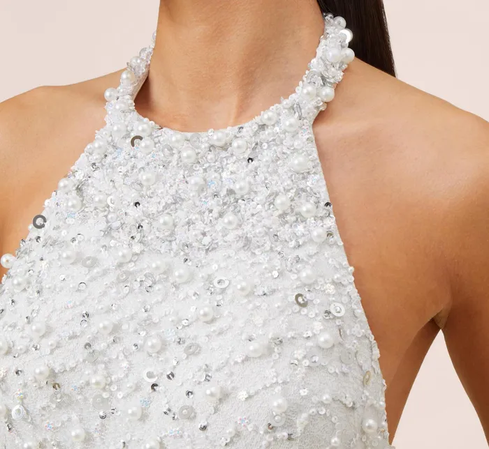 Adrianna Papell HandBeaded Halter Long Column Gown In Ivory Silver IvorySilver Women Simple Wedding Dresses Adrianna Papell HandBeaded Halter Long Column Gown In Ivory Silver IvorySilver Women Simple Wedding Dresses