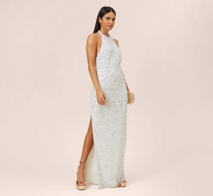 Adrianna Papell HandBeaded Halter Long Column Gown In Ivory Silver IvorySilver Women Simple Wedding Dresses Adrianna Papell HandBeaded Halter Long Column Gown In Ivory Silver IvorySilver Women Simple Wedding Dresses