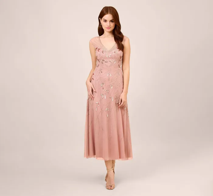 Adrianna Papell HandBeaded Illusion AnkleLength Dress In Candied Ginger Candied Ginger Women Long Dresses Adrianna Papell HandBeaded Illusion AnkleLength Dress In Candied Ginger Candied Ginger Women Long Dresses