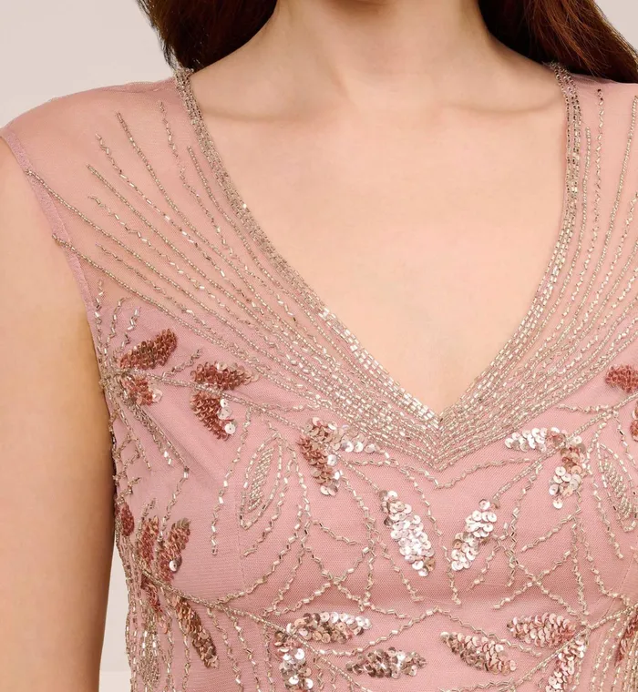 Adrianna Papell HandBeaded Illusion AnkleLength Dress In Candied Ginger Candied Ginger Women Long Dresses Adrianna Papell HandBeaded Illusion AnkleLength Dress In Candied Ginger Candied Ginger Women Long Dresses