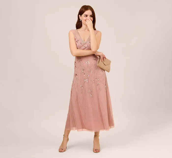 Adrianna Papell HandBeaded Illusion AnkleLength Dress In Candied Ginger Candied Ginger Women Long Dresses Adrianna Papell HandBeaded Illusion AnkleLength Dress In Candied Ginger Candied Ginger Women Long Dresses