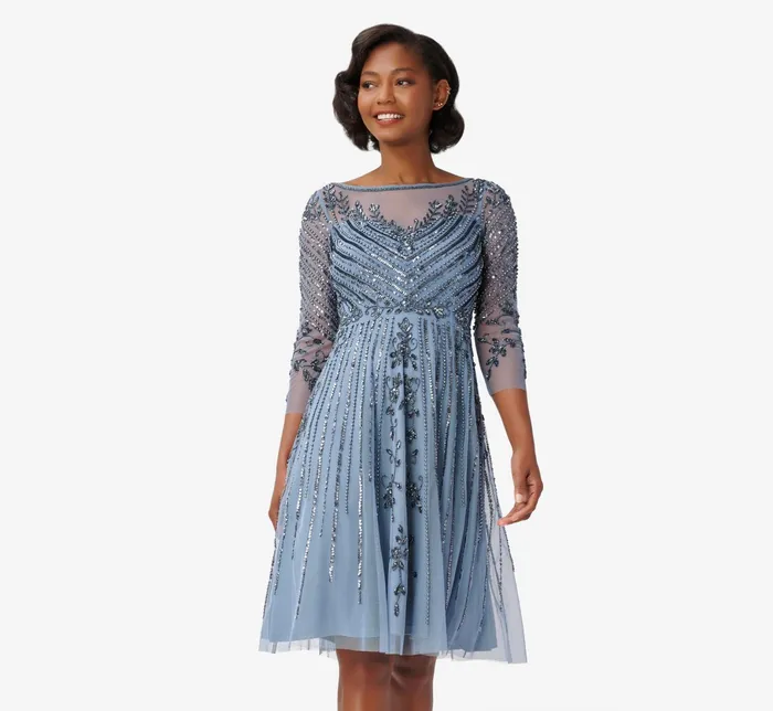 Adrianna Papell HandBeaded Illusion FitAndFlare MidiLength Cocktail Dress In Vintage Blue Vintage Blue Women Cocktail Dresses Adrianna Papell HandBeaded Illusion FitAndFlare MidiLength Cocktail Dress In Vintage Blue Vintage Blue Women Cocktail Dresses