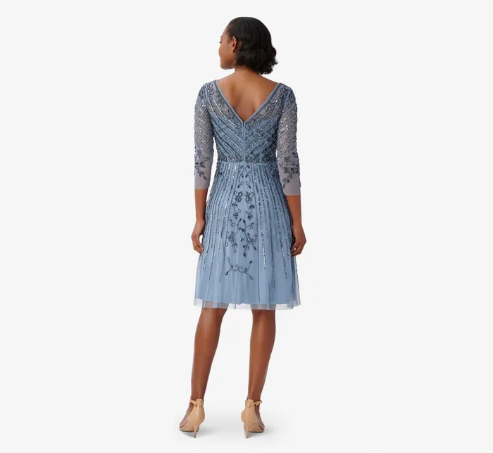Adrianna Papell HandBeaded Illusion FitAndFlare MidiLength Cocktail Dress In Vintage Blue Vintage Blue Women Cocktail Dresses Adrianna Papell HandBeaded Illusion FitAndFlare MidiLength Cocktail Dress In Vintage Blue Vintage Blue Women Cocktail Dresses