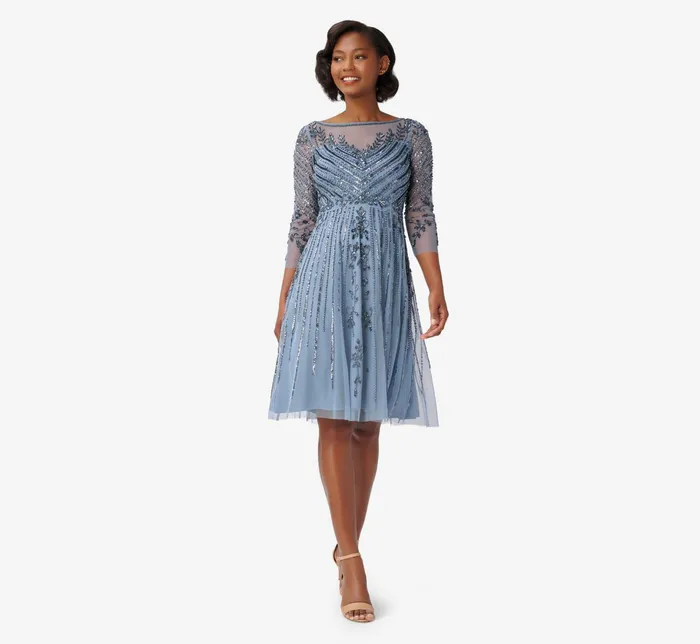 Adrianna Papell HandBeaded Illusion FitAndFlare MidiLength Cocktail Dress In Vintage Blue Vintage Blue Women Cocktail Dresses Adrianna Papell HandBeaded Illusion FitAndFlare MidiLength Cocktail Dress In Vintage Blue Vintage Blue Women Cocktail Dresses
