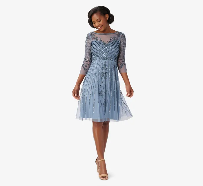 Adrianna Papell HandBeaded Illusion FitAndFlare MidiLength Cocktail Dress In Vintage Blue Vintage Blue Women Cocktail Dresses Adrianna Papell HandBeaded Illusion FitAndFlare MidiLength Cocktail Dress In Vintage Blue Vintage Blue Women Cocktail Dresses
