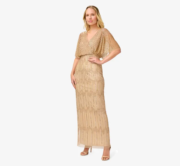 Adrianna Papell HandBeaded Illusion Long Column Blouson Gown In Champagne Gold Champagne Gold Women Long Dresses Adrianna Papell HandBeaded Illusion Long Column Blouson Gown In Champagne Gold Champagne Gold Women Long Dresses