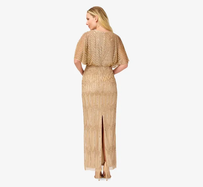 Adrianna Papell HandBeaded Illusion Long Column Blouson Gown In Champagne Gold Champagne Gold Women Long Dresses Adrianna Papell HandBeaded Illusion Long Column Blouson Gown In Champagne Gold Champagne Gold Women Long Dresses