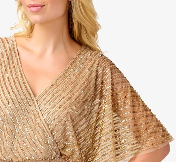 Adrianna Papell HandBeaded Illusion Long Column Blouson Gown In Champagne Gold Champagne Gold Women Long Dresses Adrianna Papell HandBeaded Illusion Long Column Blouson Gown In Champagne Gold Champagne Gold Women Long Dresses
