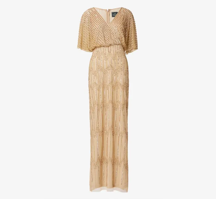 Adrianna Papell HandBeaded Illusion Long Column Blouson Gown In Champagne Gold Champagne Gold Women Long Dresses Adrianna Papell HandBeaded Illusion Long Column Blouson Gown In Champagne Gold Champagne Gold Women Long Dresses