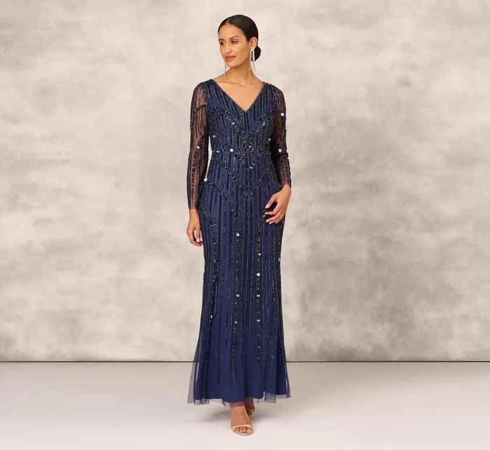 Adrianna Papell Hand Beaded Illusion Long Mermaid Gown In Navy Navy Women Long Dresses Adrianna Papell Hand Beaded Illusion Long Mermaid Gown In Navy Navy Women Long Dresses
