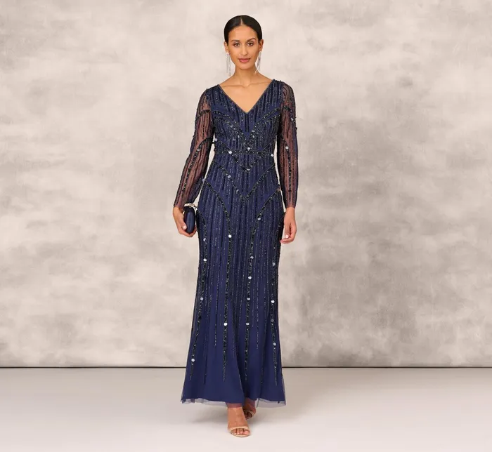 Adrianna Papell Hand Beaded Illusion Long Mermaid Gown In Navy Navy Women Long Dresses Adrianna Papell Hand Beaded Illusion Long Mermaid Gown In Navy Navy Women Long Dresses