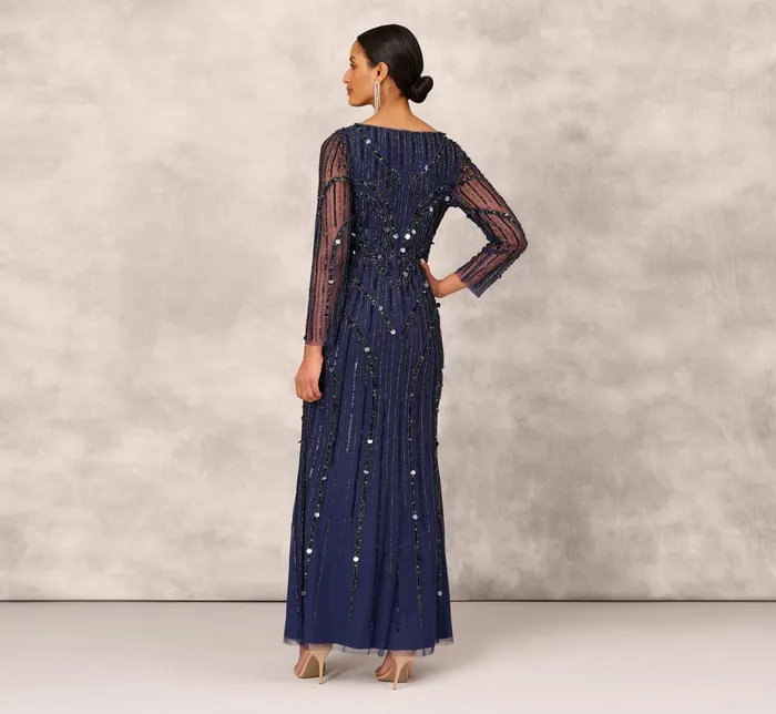 Adrianna Papell Hand Beaded Illusion Long Mermaid Gown In Navy Navy Women Long Dresses Adrianna Papell Hand Beaded Illusion Long Mermaid Gown In Navy Navy Women Long Dresses