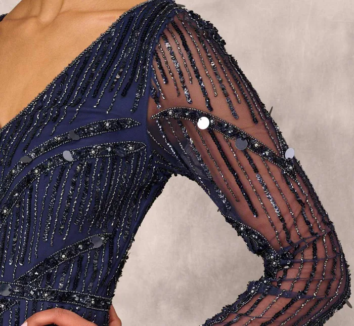 Adrianna Papell Hand Beaded Illusion Long Mermaid Gown In Navy Navy Women Long Dresses Adrianna Papell Hand Beaded Illusion Long Mermaid Gown In Navy Navy Women Long Dresses