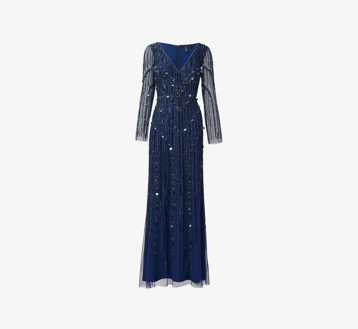 Adrianna Papell Hand Beaded Illusion Long Mermaid Gown In Navy Navy Women Long Dresses Adrianna Papell Hand Beaded Illusion Long Mermaid Gown In Navy Navy Women Long Dresses