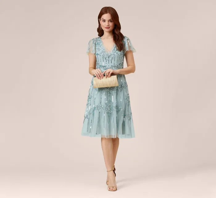 Adrianna Papell HandBeaded Illusion MidiLength Cocktail Dress In Aqua Dust Aqua Dust Women Cocktail Dresses Adrianna Papell HandBeaded Illusion MidiLength Cocktail Dress In Aqua Dust Aqua Dust Women Cocktail Dresses
