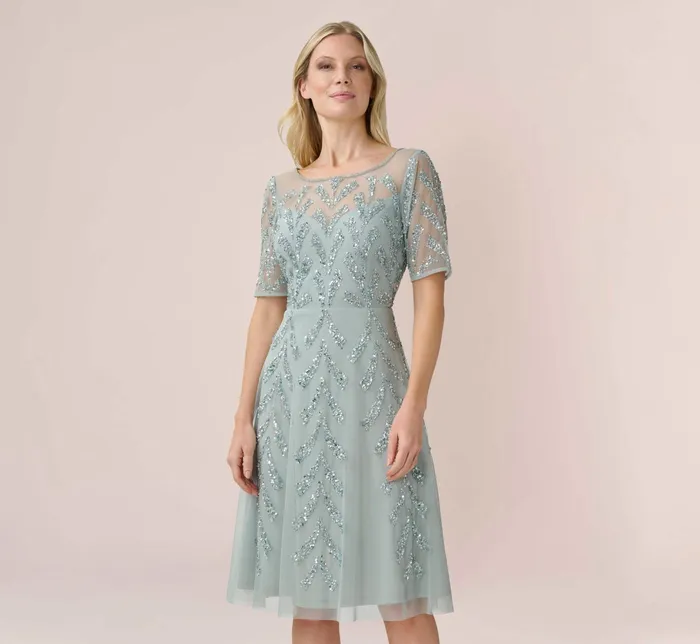 Adrianna Papell HandBeaded Illusion MidiLength FitAndFlare Cocktail Dress In Frosted Sage Frosted Sage Women Midi Dresses Adrianna Papell HandBeaded Illusion MidiLength FitAndFlare Cocktail Dress In Frosted Sage Frosted Sage Women Midi Dresses