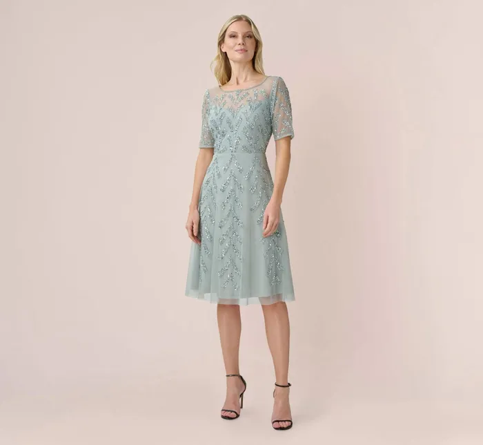 Adrianna Papell HandBeaded Illusion MidiLength FitAndFlare Cocktail Dress In Frosted Sage Frosted Sage Women Midi Dresses Adrianna Papell HandBeaded Illusion MidiLength FitAndFlare Cocktail Dress In Frosted Sage Frosted Sage Women Midi Dresses