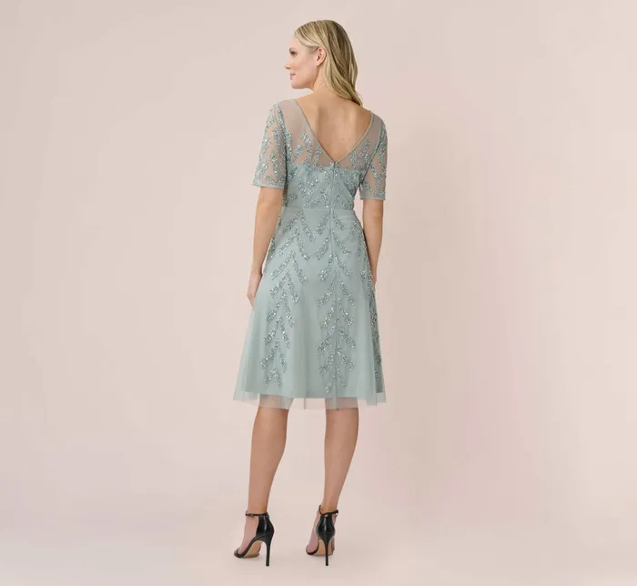 Adrianna Papell HandBeaded Illusion MidiLength FitAndFlare Cocktail Dress In Frosted Sage Frosted Sage Women Midi Dresses Adrianna Papell HandBeaded Illusion MidiLength FitAndFlare Cocktail Dress In Frosted Sage Frosted Sage Women Midi Dresses