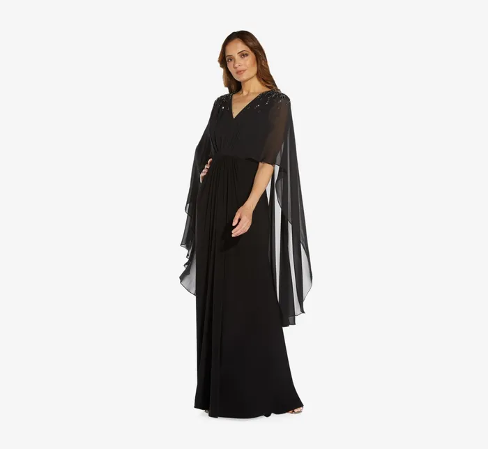 Adrianna Papell HandBeaded Jersey and Chiffon Cape Gown In Black Black Women Long Dresses Adrianna Papell HandBeaded Jersey and Chiffon Cape Gown In Black Black Women Long Dresses