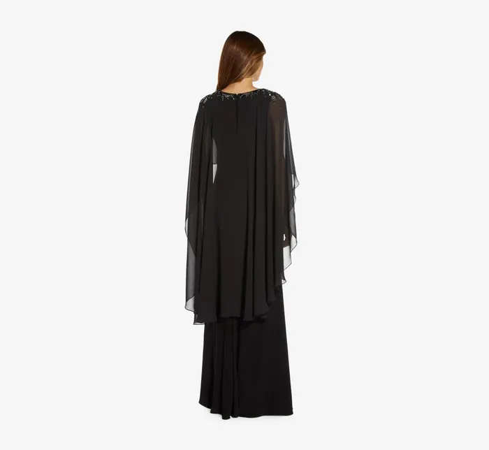 Adrianna Papell HandBeaded Jersey and Chiffon Cape Gown In Black Black Women Long Dresses Adrianna Papell HandBeaded Jersey and Chiffon Cape Gown In Black Black Women Long Dresses