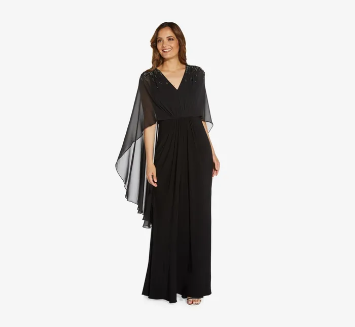 Adrianna Papell HandBeaded Jersey and Chiffon Cape Gown In Black Black Women Long Dresses Adrianna Papell HandBeaded Jersey and Chiffon Cape Gown In Black Black Women Long Dresses