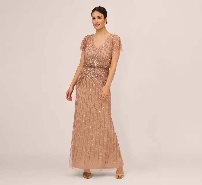Adrianna Papell HandBeaded Long Blouson Gown In Rose Gold Rose Gold Women Formal Dresses Adrianna Papell HandBeaded Long Blouson Gown In Rose Gold Rose Gold Women Formal Dresses