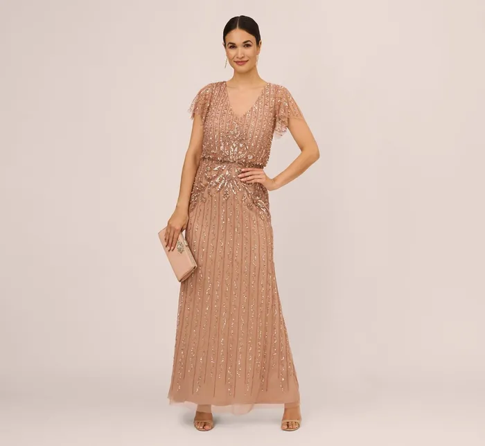 Adrianna Papell HandBeaded Long Blouson Gown In Rose Gold Rose Gold Women Formal Dresses Adrianna Papell HandBeaded Long Blouson Gown In Rose Gold Rose Gold Women Formal Dresses