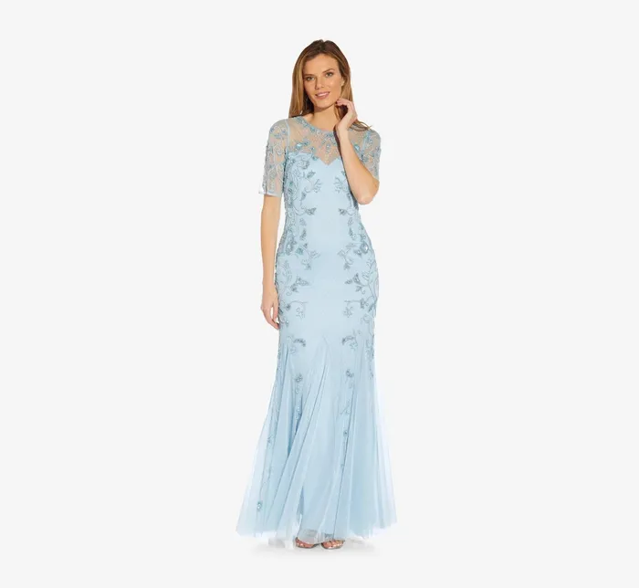 Adrianna Papell Hand Beaded Long Gown With Godets In Elegant Sky Elegant Sky Women Long Dresses Adrianna Papell Hand Beaded Long Gown With Godets In Elegant Sky Elegant Sky Women Long Dresses