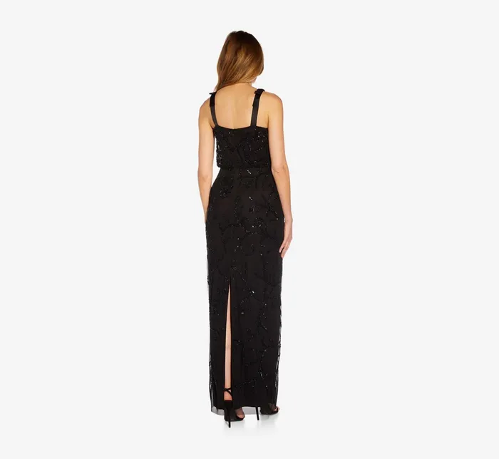 Adrianna Papell HandBeaded Satin Tie Surplice Blouson Long Column Gown In Black Black Women Long Dresses Adrianna Papell HandBeaded Satin Tie Surplice Blouson Long Column Gown In Black Black Women Long Dresses