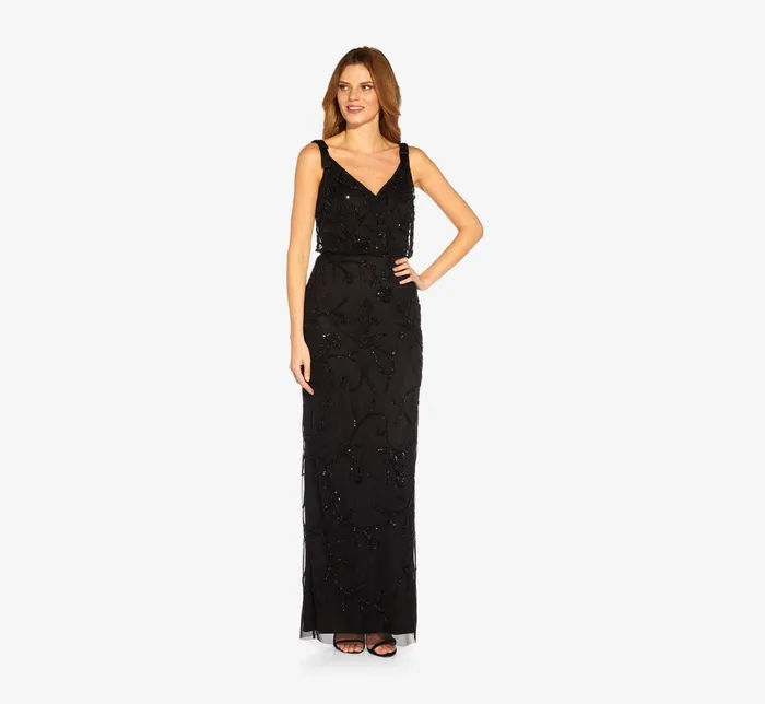 Adrianna Papell HandBeaded Satin Tie Surplice Blouson Long Column Gown In Black Black Women Long Dresses Adrianna Papell HandBeaded Satin Tie Surplice Blouson Long Column Gown In Black Black Women Long Dresses
