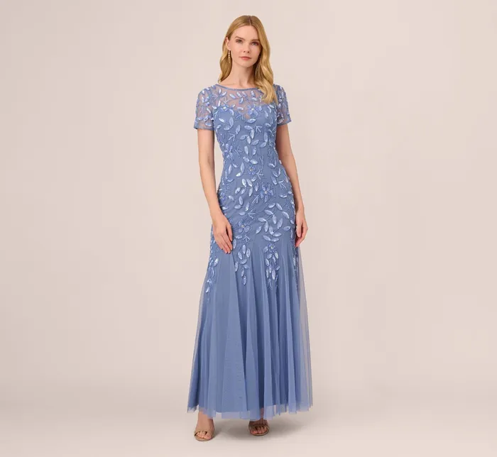 Adrianna Papell Hand Beaded Short Sleeve Floral Godet Gown In French Blue French Blue Women Floral Dresses Adrianna Papell Hand Beaded Short Sleeve Floral Godet Gown In French Blue French Blue Women Floral Dresses