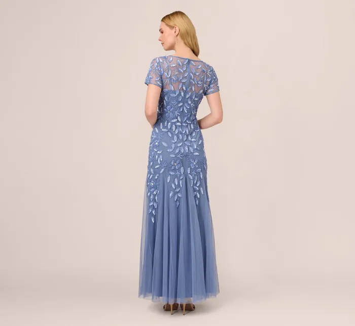 Adrianna Papell Hand Beaded Short Sleeve Floral Godet Gown In French Blue French Blue Women Floral Dresses Adrianna Papell Hand Beaded Short Sleeve Floral Godet Gown In French Blue French Blue Women Floral Dresses