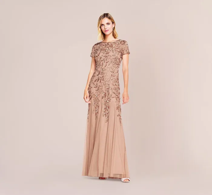 Adrianna Papell Hand Beaded Short Sleeve Floral Godet Gown In Night Plum Night Plum Women Floral Dresses Adrianna Papell Hand Beaded Short Sleeve Floral Godet Gown In Night Plum Night Plum Women Floral Dresses