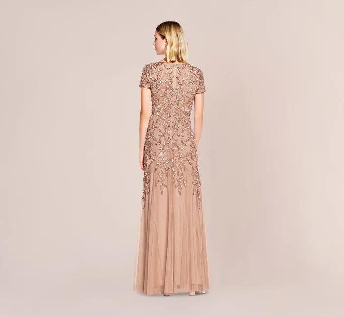Adrianna Papell Hand Beaded Short Sleeve Floral Godet Gown In Night Plum Night Plum Women Floral Dresses Adrianna Papell Hand Beaded Short Sleeve Floral Godet Gown In Night Plum Night Plum Women Floral Dresses