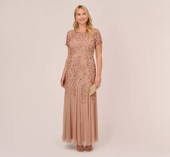 Adrianna Papell Hand Beaded Short Sleeve Floral Godet Gown In Night Plum Night Plum Women Floral Dresses Adrianna Papell Hand Beaded Short Sleeve Floral Godet Gown In Night Plum Night Plum Women Floral Dresses